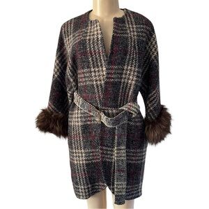 Vintage Y2K‎ Echo Brown Wool Blend Plaid Overcoat Faux Fur Cuffs Wrap Jacket M/L